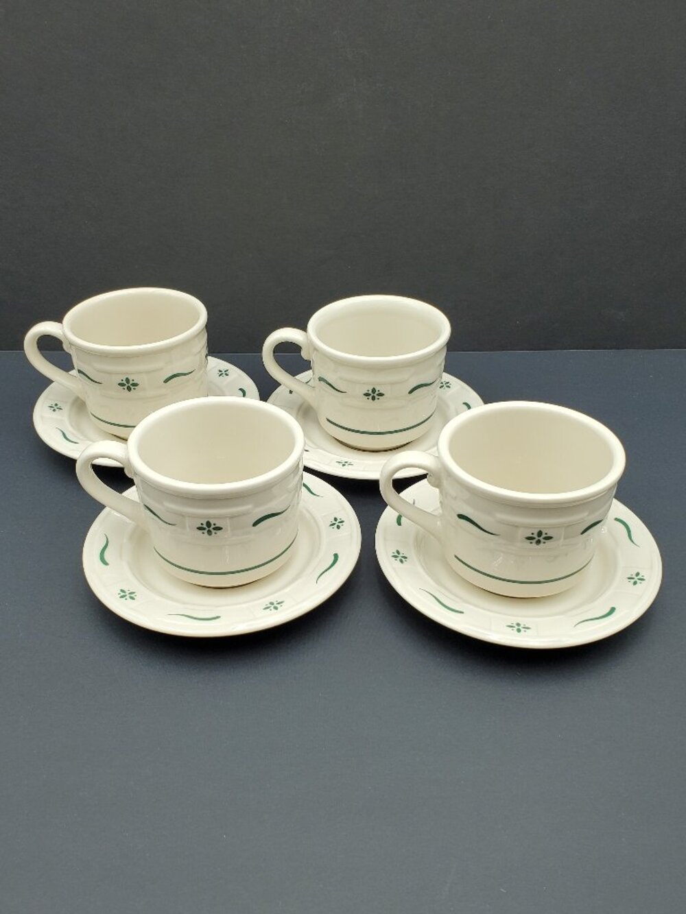 Longaberger Woven Traditions Heritage Green Flat Cups & Saucers Teacups Mugs